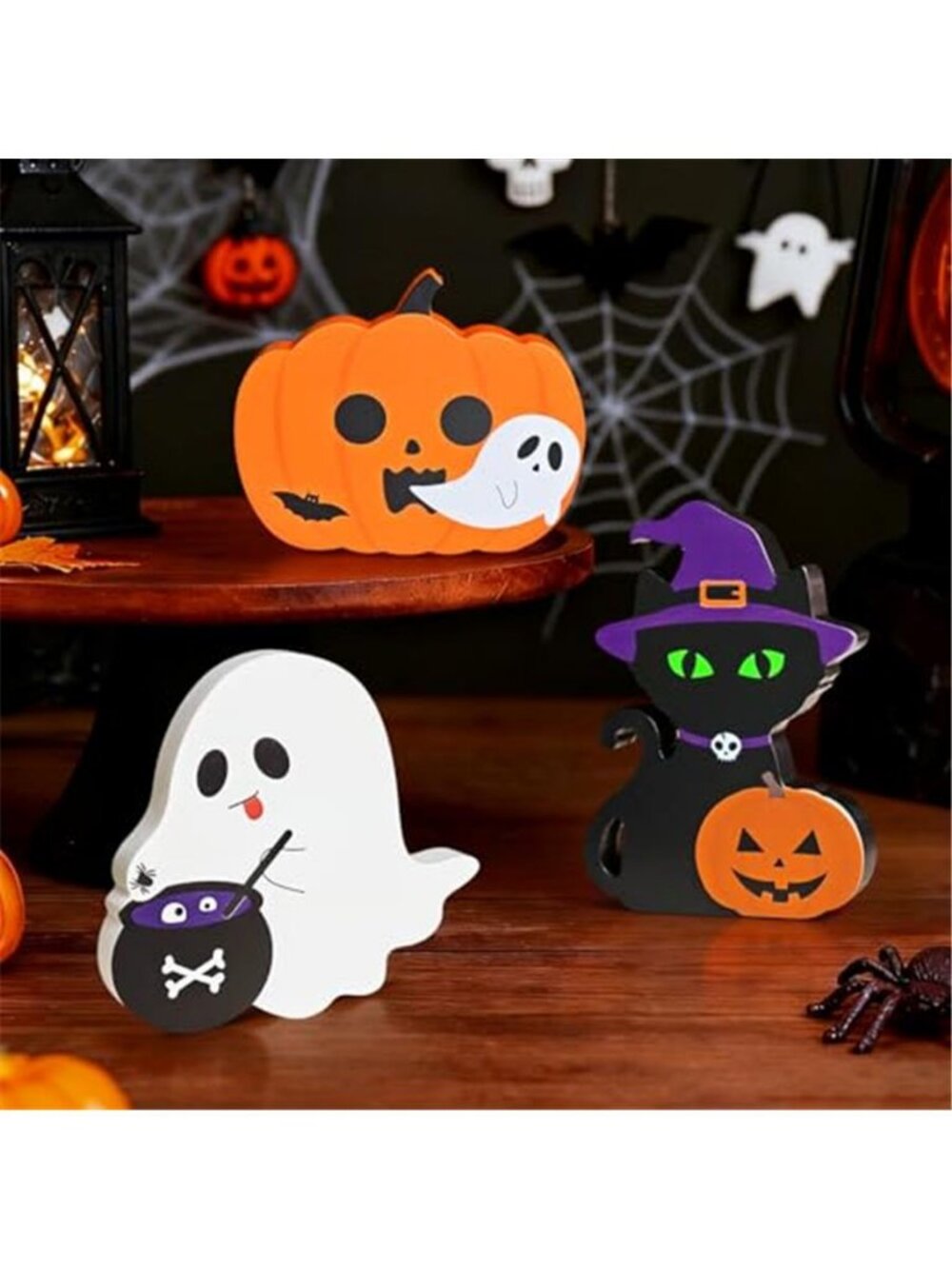 Cute Halloween Decorations Indoor, 3 PCS Wooden Ghost Pumpkin Halloween Decor
